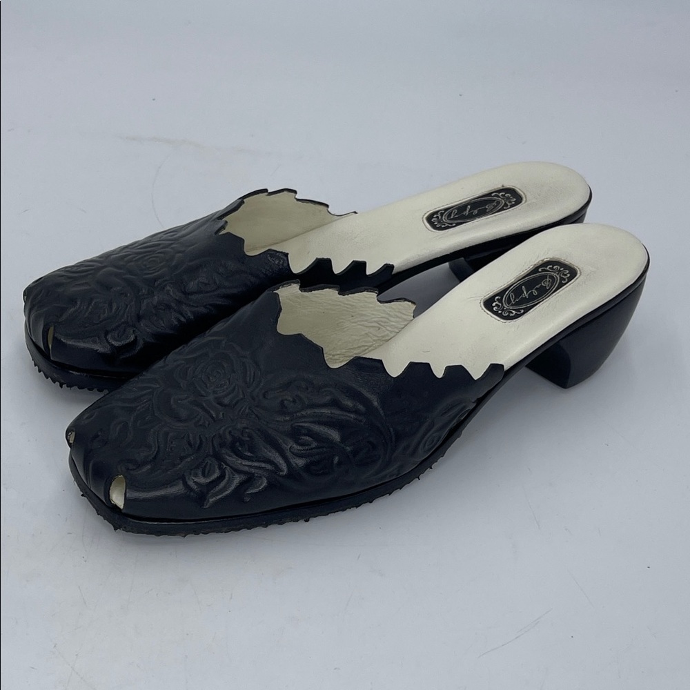 Salpy mule tooled leather black floral design low heel